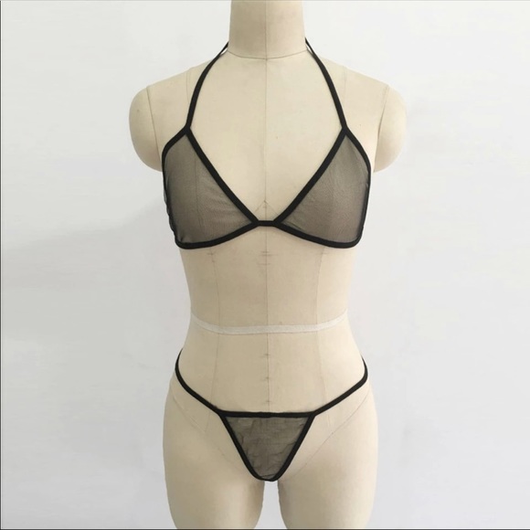 Black mesh 2 piece lingerie set thong/ bra - Picture 2 of 7